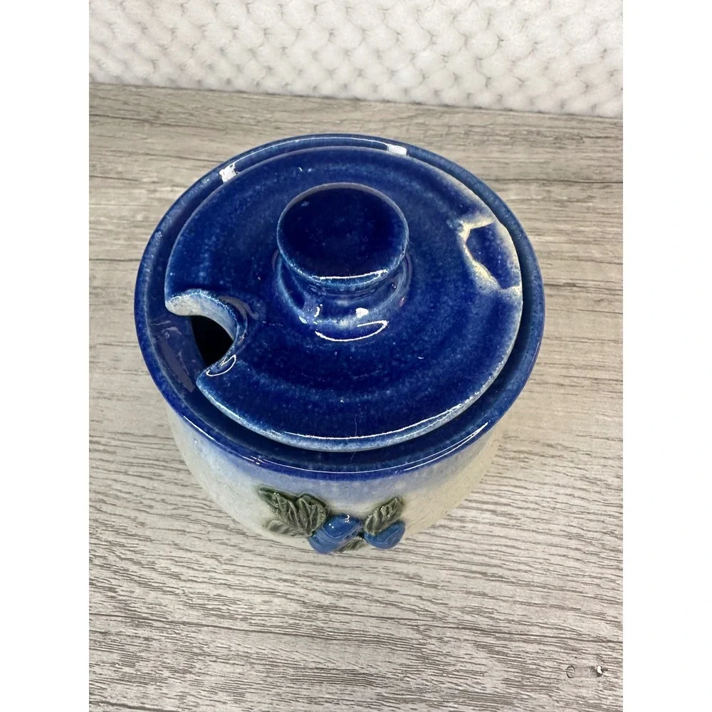 Johnson Studio Pottery Blueberry Stoneware Honey Pot with chipped Lid Blue Cream